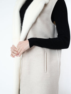 Camilla - Gilet lungo cashmere con collo Petto e Bavero con vera Pelliccia Visone Natural White - a partire da