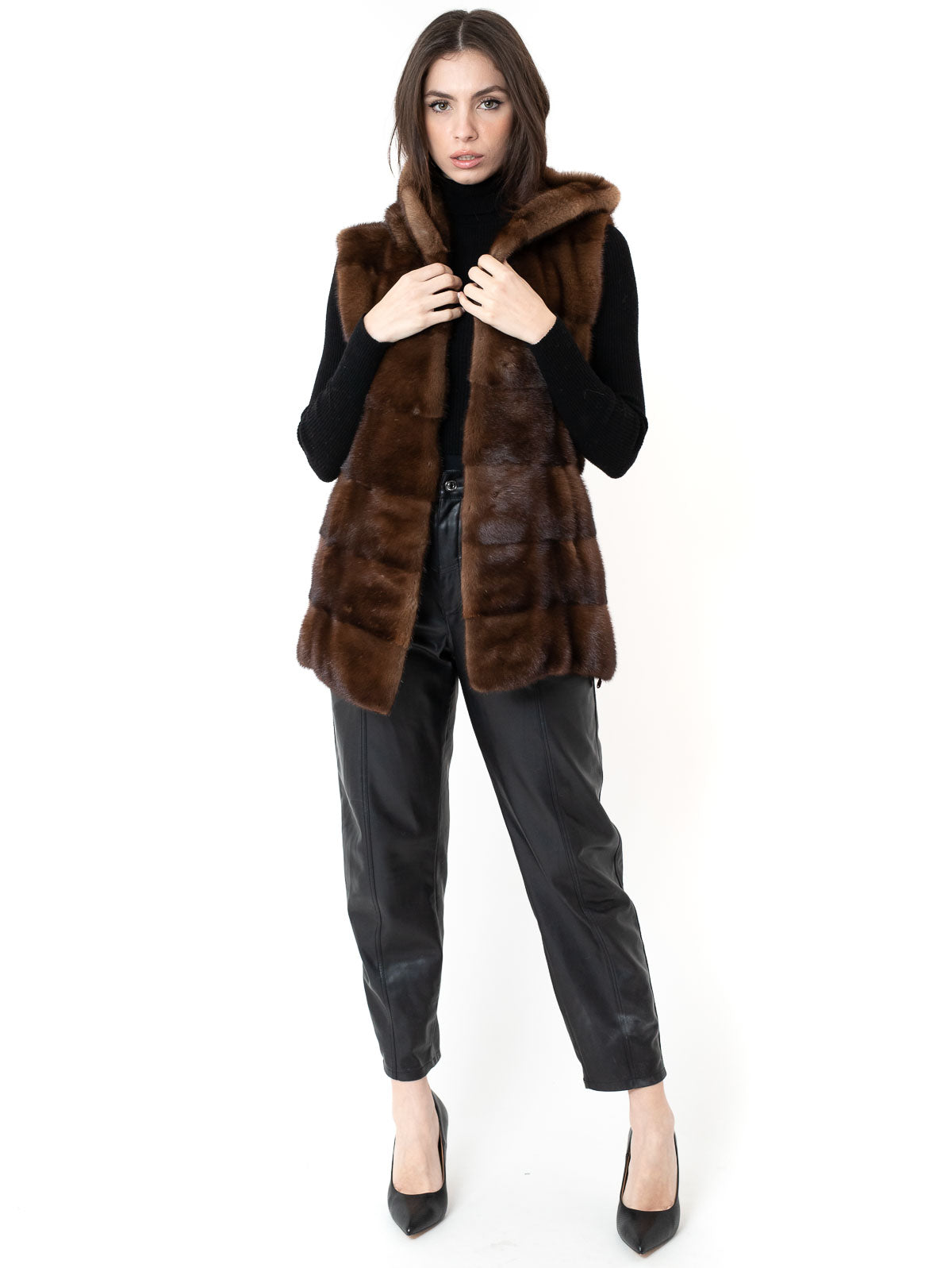 Anna - Gilet Lungo con Cappuccio in Visone - a partire da